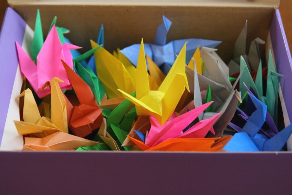 box of paper cranes