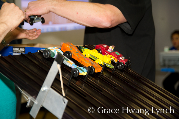 Banana slug car on Pinewood Derby track