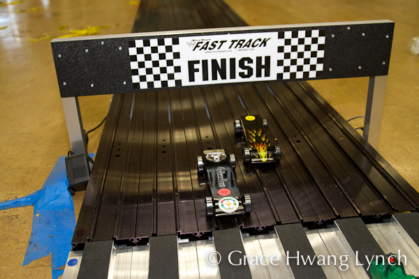 Pinewood Derby cars at Finish Line